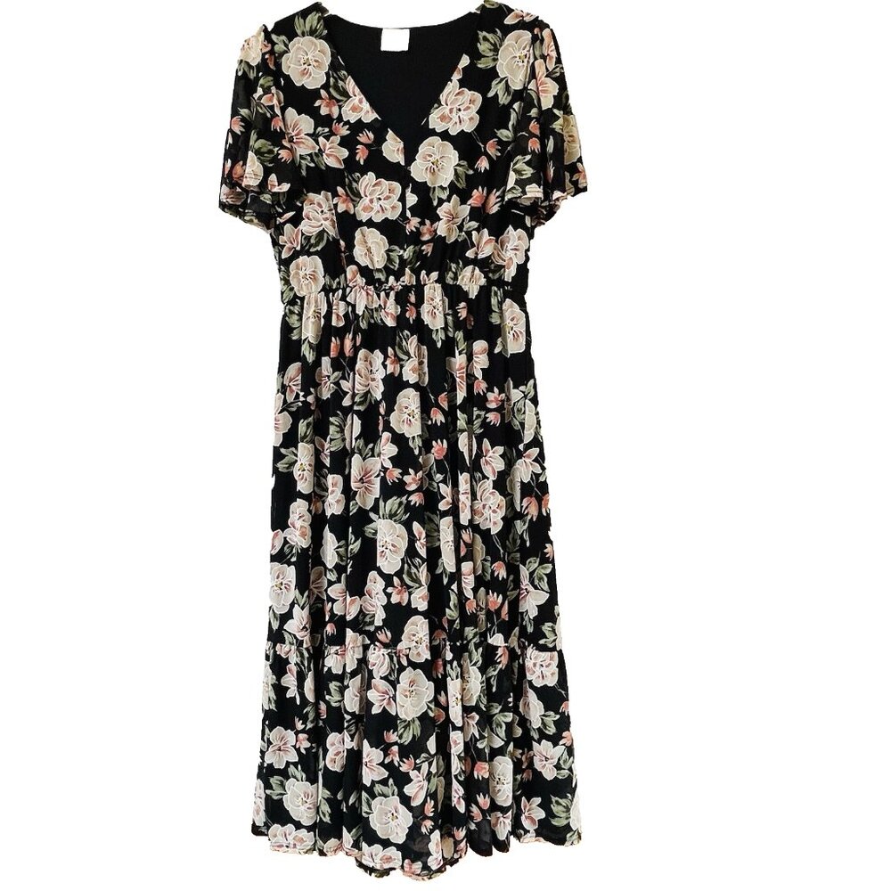 Sirenlily Midi Dress Womens Large Floral Boho Beach Party Cottage Garden Flowy